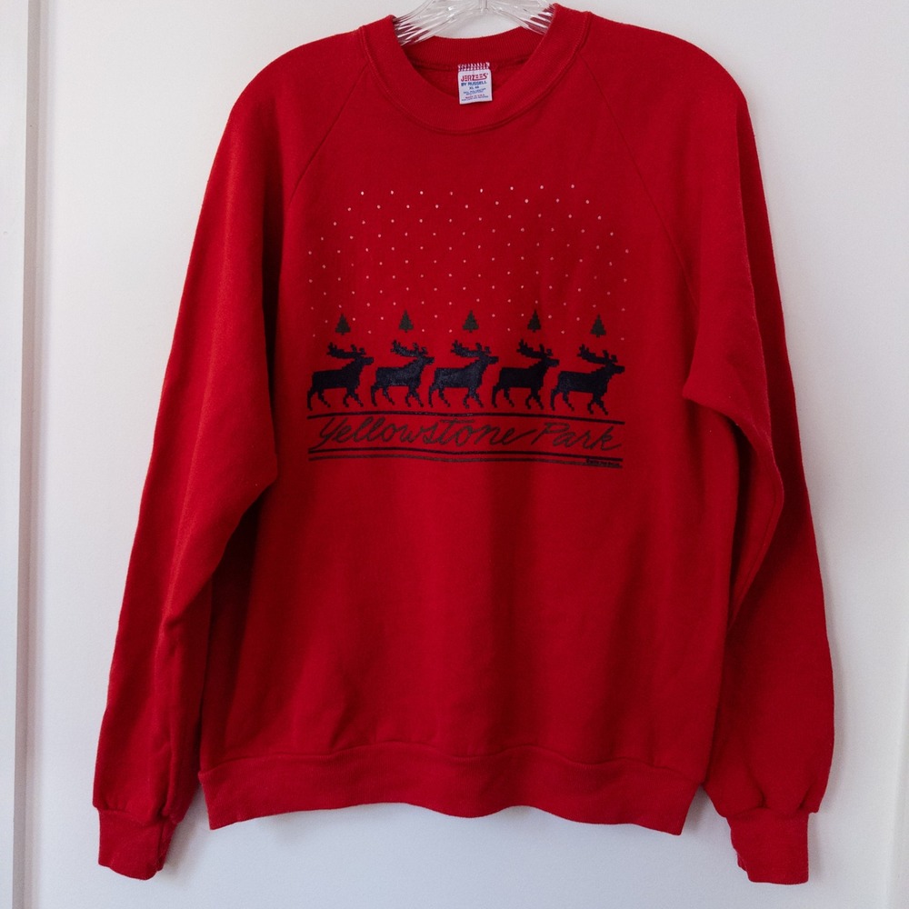Vintage Christmas Yellowstone Park‎ Sweatshirt XL Moose National Park Red Gorp